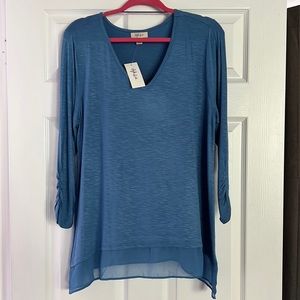 NWT Style & Co. Riviera blue V neck 3/4 ruched sleeve, chiffon hem top, tunic.